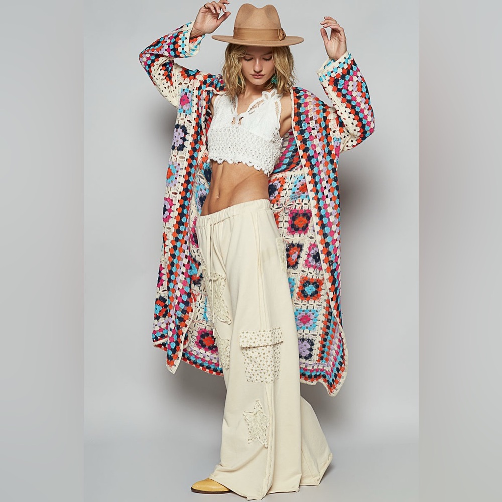 #127 New! Pol Gorgeous Boho Multi Colored Crochet Patchwork Sweater Coat - Picture 2 of 5